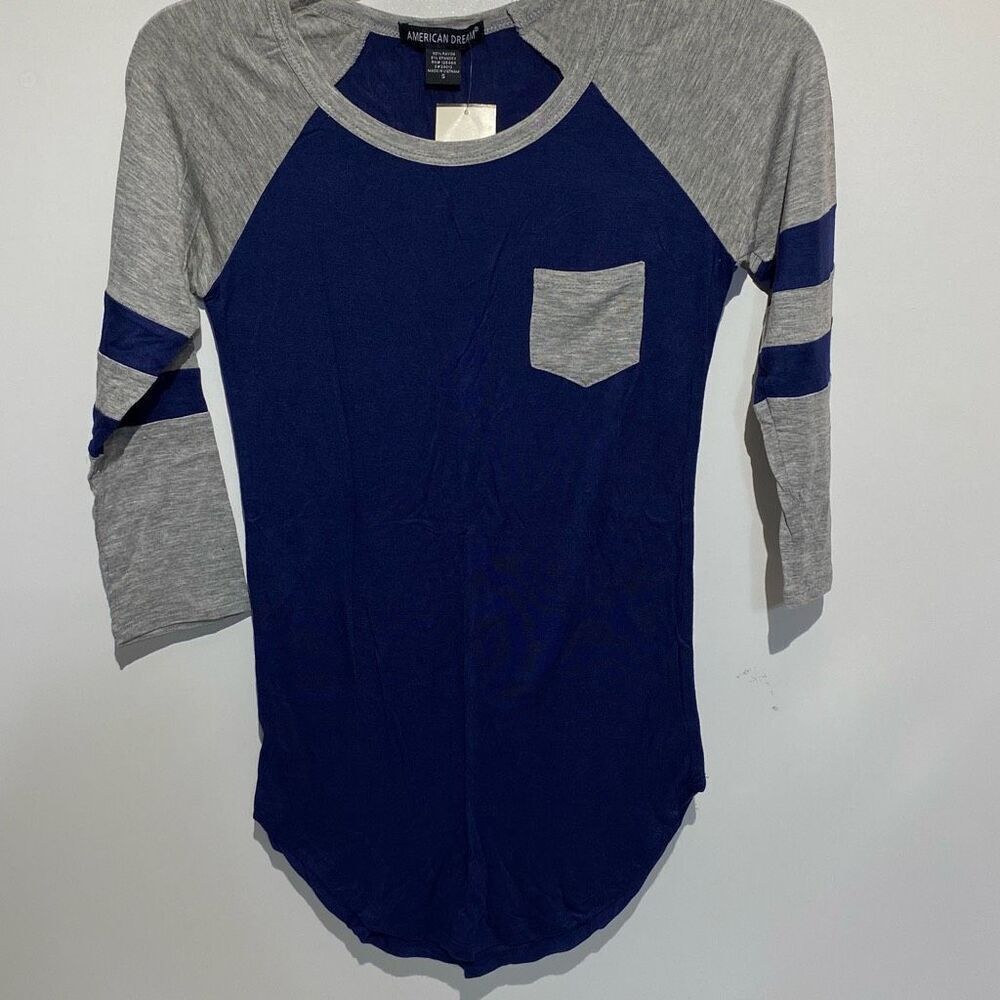 American Dream Women's Blue Gray Heather 3/4 Sleeve Crew Neck T-Shirt Small